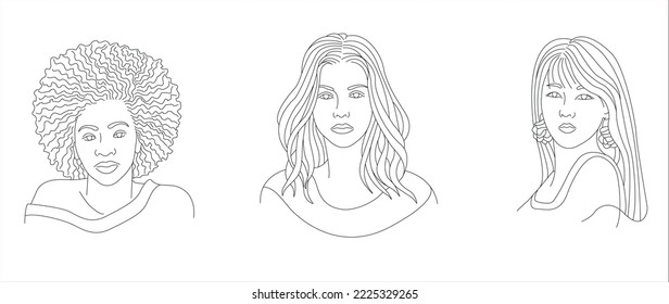 Line portrait of a woman. Vector silhouette set
