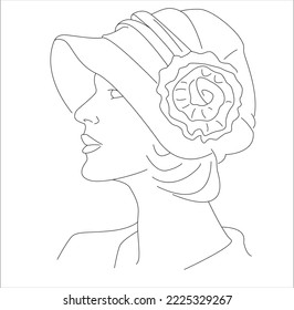 Line portrait of a woman. Vector silhouette. Lady in Hat set