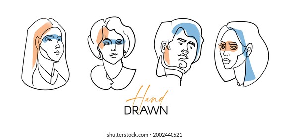 Line portraits set. Contemporary drawing in modern style. Mono line and stains design.