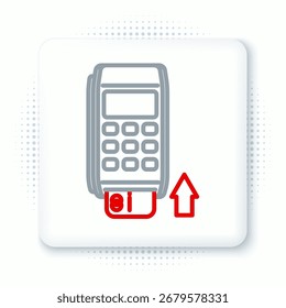 Line Pos terminal with inserted credit card icon isolated on white background. Payment terminal transaction. Pay by card. Colorful outline concept. Vector