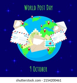 Line of postal envelopes and postage stamps around the globe for World Post Day