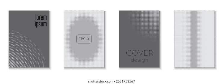 Line Poster Set. Cool Circles In Minimal Layout. Young Hipster Design On Annual Page. Halftone Grey And Greyscale  Flyer. White Wave Cover. 1980 Texture. Black Line Poster