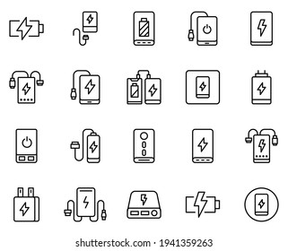 Line powerbank icon set isolated on white background. Outline electronics symbols for website design, mobile application, ui. Collection of device pictogram. Vector illustration, editable strok. Eps10