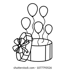 line presente box with ribbon bow and balloons