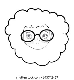 line pretty girl face with hairstyle and glasses