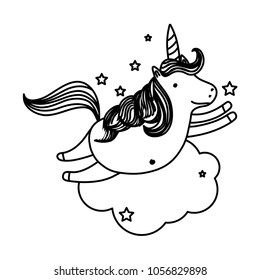 line pretty unicorn flying with stars and cloud