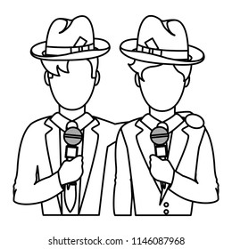 line professional partner journalists with hat and clothes