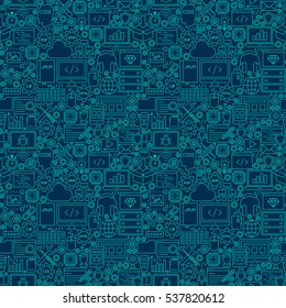 Line Programming Dark Seamless Pattern. Vector Illustration of Outline Tile Background. Coding Resources.