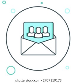 Icono de la base del equipo del proyecto de la línea aislado en el fondo blanco. Análisis y planificación de negocio, consultoría, trabajo en equipo, gestión de proyectos. Desarrolladores. Concepto de contorno colorido. Vector