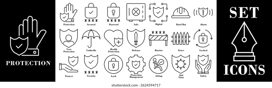 The line protection icon set is arranged in a minimalist line style, featuring security and safety concepts such as shield, antivirus, padlock, data protection, firewall, user privacy.