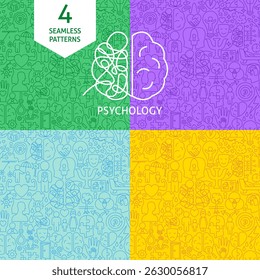 Patrones de Psicología de Línea. Ilustración vectorial de diseño de contorno delgado. Fondos de textura de salud mental. Símbolos lineales de terapia. Mes del Bienestar y la Concienciación. 