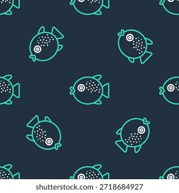 Linha Puffer ícone peixe isolado padrão sem costura no fundo preto. Fugu fish baiacu japonês.  Vetor
