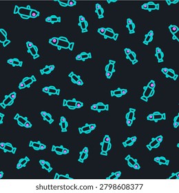 Line Puffer fish icon isolated seamless pattern on black background. Fugu fish japanese puffer fish.  Vector