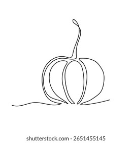 Line pumpkin drawing in black on white. Ideal for fall designs, seasonal prints, posters, textiles, wrapping paper, packaging, invitations, greeting cards, and various creative autumn projects.