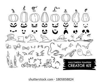 Line Pumpkin Illustration vector creator kit forHaunted house,  Halloween party spooky night. 