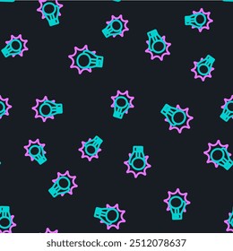 Line Punch in boxing glove icon isolated seamless pattern on black background. Boxing gloves hitting together with explosive.  Vector