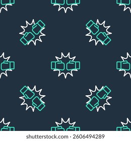 Line Punch in boxing gloves icon isolated seamless pattern on black background. Boxing gloves hitting together with explosive.  Vector