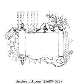 Line Purim Esther scroll frame template with copy space black and white vector illustration. Jewish holiday symbols, Torah megillah with mask, menorah, raashan and cookies for coloring and festive bag