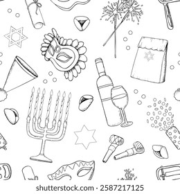 Line Purim symbols seamless pattern in black and white vector illustration. Israel holiday menorah with candles, Torah Esther scroll, mask, raashan, cookies and wine for carnival celebration