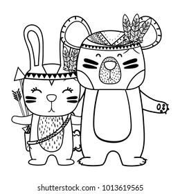 line rabbit and bear animals with feathers design