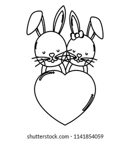 line rabbit couple with heart love sign