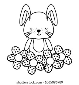 line rabbit cute animal with nice flowers