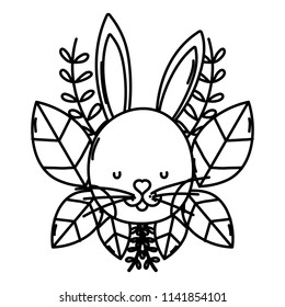 line rabbit head with exotic branches and leaves