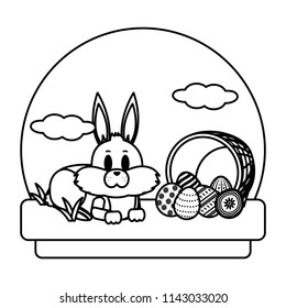 line rabbit lying and hamper with eggs easter