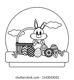 line rabbit standing with hamper and eggs easter