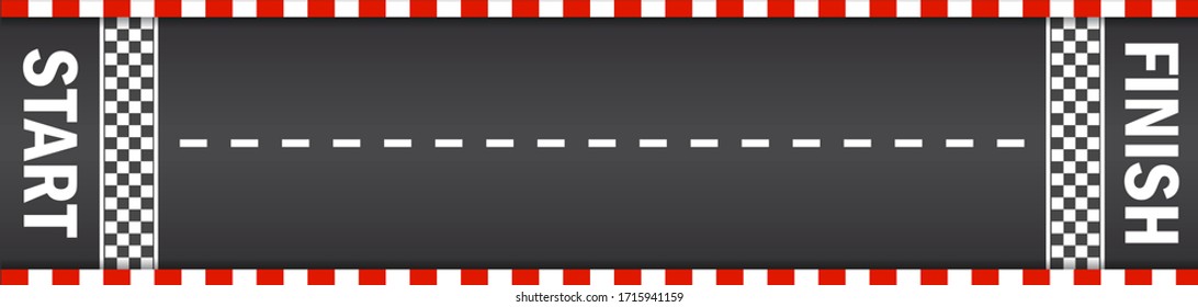 Line Racing Track With Start And Finish In Top View. Asphalt For Drive In Auto. Tarmac Roadway With Red Grid Texture Border For Sport Competition. Automobile Road For Car. Traffic Rally. Vector