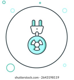 Linha Radiação ícone de plugue elétrico isolado no fundo branco. Energia nuclear. Conceito de contorno colorido. Vetor