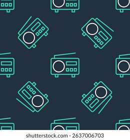 Line Radio with antenna icon isolated seamless pattern on black background.  Vector