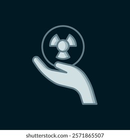 Line Radioactive in hand icon isolated on black background. Radioactive toxic symbol. Radiation Hazard sign. Flat filled outline style with shadow. Vector