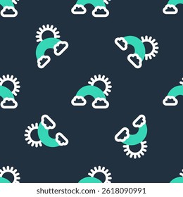 Line Rainbow with clouds and sun icon isolated seamless pattern on black background.  Vector