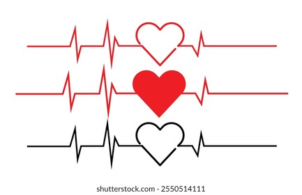 Frecuencia de línea latidos cardíacos. Vigilar el ritmo cardíaco y el ritmo cardíaco. Electrocardiograma de corazón y pulso para monitorear la salud, cardiograma. Ilustración vectorial.