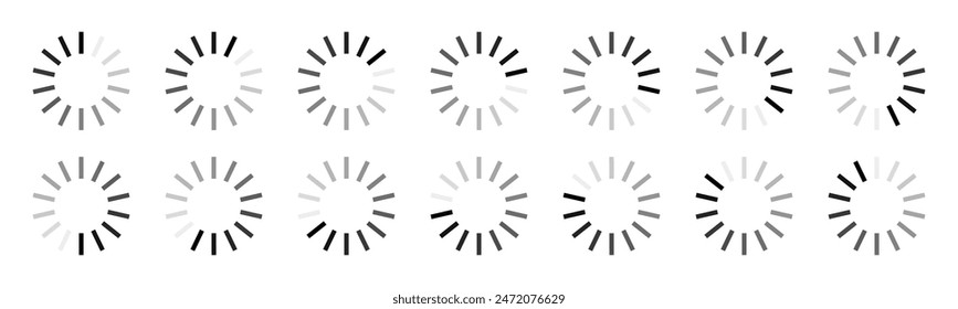 Line rectangular buffering icon set in fourteen shades of black colour. Long rectangle loading, buffering, processing, progressing symbols in 14 shades of black colour isolated on white background.