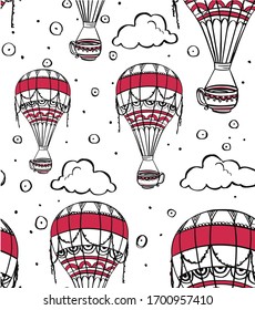 Line with red. Air balloon and tea cup. Seamless pattern. Digital illustration.