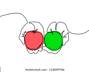 Сontinuous line Red and green apples in hands. Choice concept. Vector illustration.