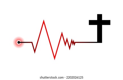 Line red heartbeat cardiograph with black christian crucifix cross religion death concept heart disease on white background icon vector design.