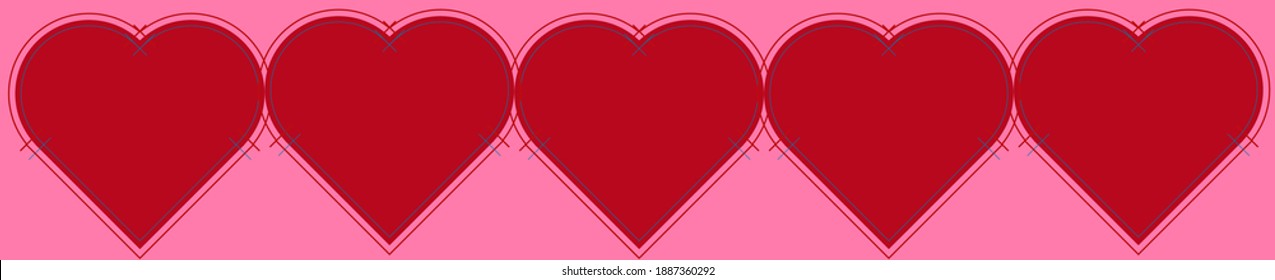 Line of red hearts. Ornament from hearts. Red elements on a red background. Festive postcard. Festive decoration. St. Valentine's Day.