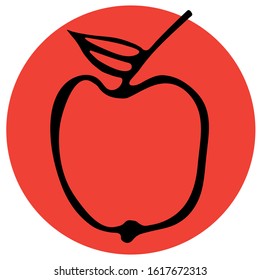 Line red ripe apple.Vector fruit in a red square, on a white isolated background. Apple for logo, icon or site.