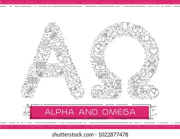 Line religion icons are grouped in Alpha and Omega