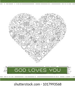 Line religion icons are grouped in Heart