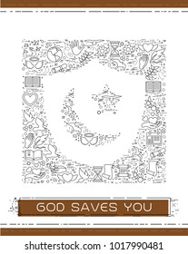Line religion icons are grouped in Shield