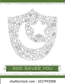 Line religion icons are grouped in Shield