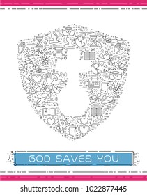 Line religion icons are grouped in Shield with Cross