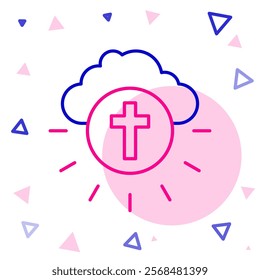 Line Religious cross in the circle icon isolated on white background. Love of God, Catholic and Christian symbol. People pray for love and peace. Colorful outline concept. Vector