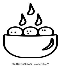 line representing a bowl with three round objects and rising heat.