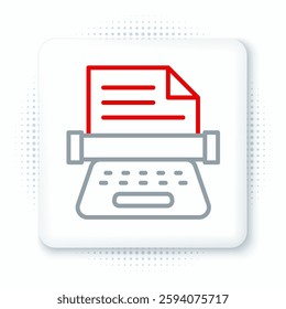 Line Retro typewriter and paper sheet icon isolated on white background. Colorful outline concept. Vector