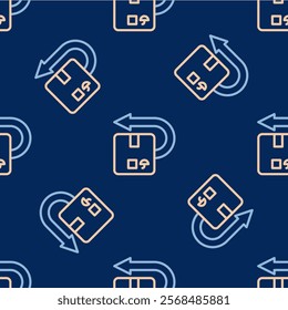 Line Return cardboard box icon isolated seamless pattern on blue background. Box, package, parcel sign. Delivery and packaging.  Vector